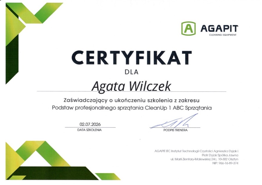 Certyfikat szkolenia Agaty Wilczek